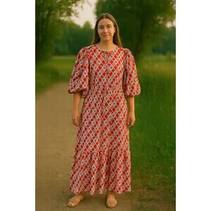 Summer Boho Casual Loose Swing Midi SunDress geometric Lantern sleeves Size -8